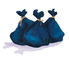 Imagem: Ilustração. Três grandes sacos de lixo fechados. Fim da imagem.