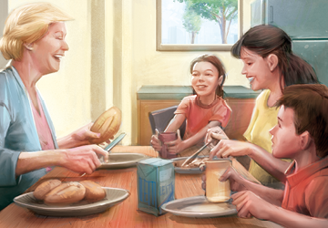 Imagem: Ilustração. A família está sentada à mesa durante um lanche. Fim da imagem.