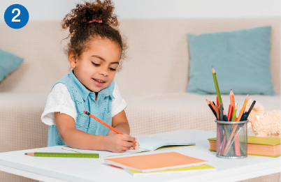 Imagem: 2. Fotografia. A menina está sentada à mesa e desenha em folhas com lápis coloridos. Ao fundo, sofá com almofadas. Fim da imagem.