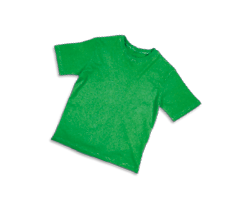 Imagem: Fotografia. Uma camiseta verde de manga curta. Fim da imagem.
