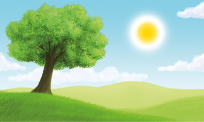 Imagem: Ilustração. Uma área verde com uma árvore durante o dia. No céu, nuvens e o sol. Fim da imagem.