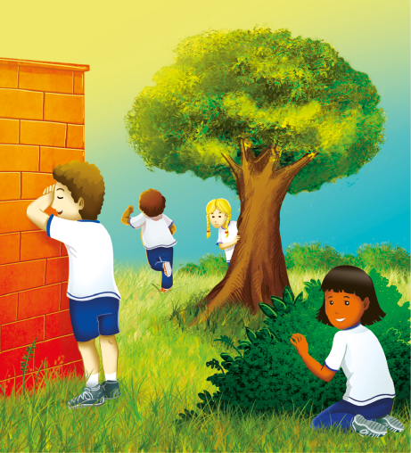 Imagem: Ilustração. Quatro crianças uniformizadas brincam de esconde-esconde em uma área verde. Uma delas esconde o rosto virada de bruços apoiada em uma parede e as demais se escondem no espaço. Fim da imagem.