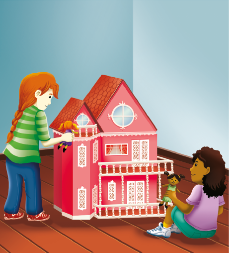 Imagem: Ilustração. Duas crianças, uma de pé e outra sentada, brincam com bonecas em uma casa em miniatura.  Fim da imagem.