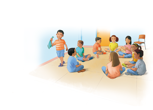 Imagem: Ilustração. Um grupo de oito crianças brinca sentado em roda no interior de uma sala. Um deles está de pé próximo aos colegas e segura um lenço.  Fim da imagem.