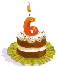 Imagem: Ilustração. Um bolo confeitado com uma vela de 6 anos. Fim da imagem.