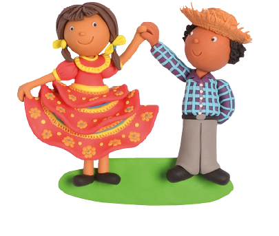 Imagem: Ilustração. Um casal sorridente formado por um menino e uma menina estão de pé lado a lado e com as mãos dadas levantadas. Ela usa vestido florido rodado, tranças no cabelo e sapatilha e ele chapéu de palha, camisa, calça e sapato. Fim da imagem.