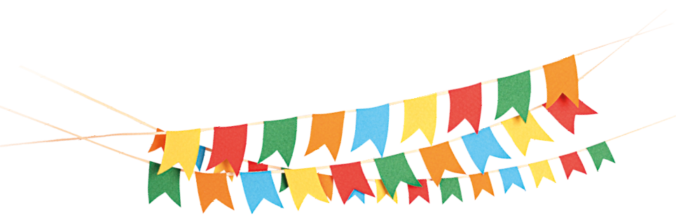 Imagem: Ilustração. Três varais com bandeirolas coloridas. Fim da imagem.