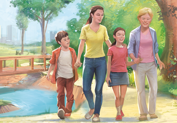 Imagem: Ilustração. Uma família, composta por dois adultos, um homem e uma mulher, e duas crianças, um menino e uma menina, caminha em uma área com árvores, uma ponte e um lago.  Fim da imagem.