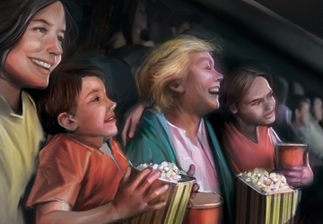 Imagem: Ilustração. A família está em uma sala de cinema, as crianças seguram sacos de pipoca. Fim da imagem.