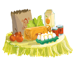 Imagem: Ilustração de mesa com diversos alimentos como ovos, alface, pão; Fim da imagem.