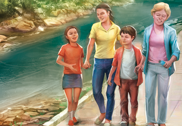 Imagem: Ilustração. A família caminha em uma área próximo a um rio.   Fim da imagem.