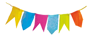 Imagem: Ilustração. Bandeirinhas juninas coloridas e presas em um varal. Fim da imagem.