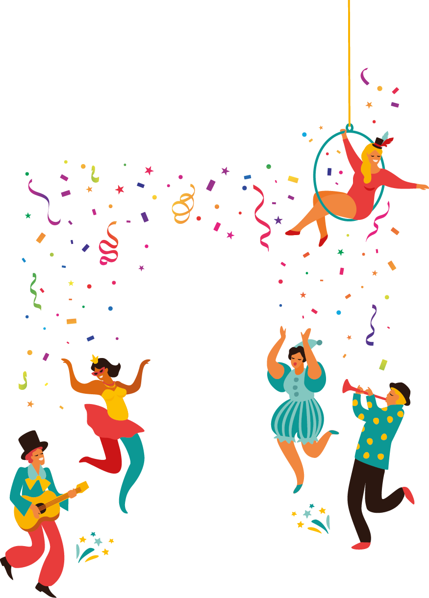Imagem: Ilustração. Muitos confetes coloridos tomam a página ao redor do poema na qual ainda há uma mulher que está sentada em um círculo preso no alto por uma corda e quatro pessoas fantasiadas dançam no chão. As mulheres balançam os braços e um homem toca trompete e outro um violão. Fim da imagem.