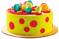 Imagem: Fotografia. Um bolo redondo amarelo com bolas rosas e enfeites coloridos. Fim da imagem.