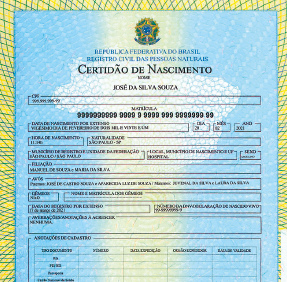 Imagem: Ilustração. Reprodução de um documento intitulado “Certidão de Nascimento”, que apresenta o brasão das armas no topo. Fim da imagem.