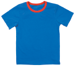 Imagem: Fotografia. Uma camiseta azul de manga curta.  Fim da imagem.