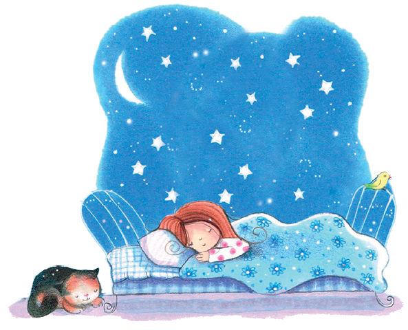 Imagem: Ilustração. Uma menina dorme de pijama e coberta em sua cama. Ao fundo, o céu noturno estrelado e com a lua minguante. Próximo à cama, um gato deitado. Fim da imagem.