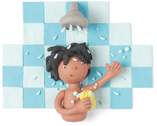 Imagem: Ilustração. Um menino ensaboa o corpo durante o banho com o chuveiro ligado. A parede é azulejada.  Fim da imagem.