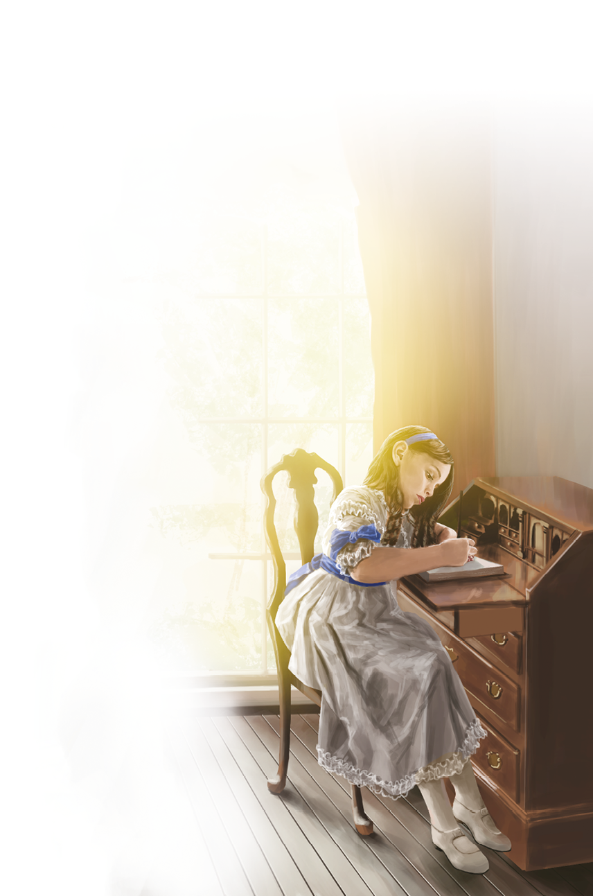 Imagem: Ilustração. Uma menina de longo vestido, meias, sapatilha e fita no cabelo está sentada diante de uma mesa de madeira e escreve em um diário.   Fim da imagem.