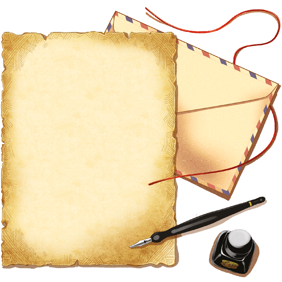 Imagem: Ilustração. Uma carta em papel pardo com bordas irregulares sobreposto a um envelope com linhas e ao lado de uma caneta e um tinteiro.  Fim da imagem.