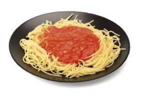 Imagem: Fotografia. Um prato de macarrão espaguete com molho vermelho. Fim da imagem.
