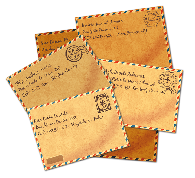 Imagem: Ilustração. Um conjunto de seis envelopes fechados e selados com diferentes inscrições de destinatários.  Fim da imagem.
