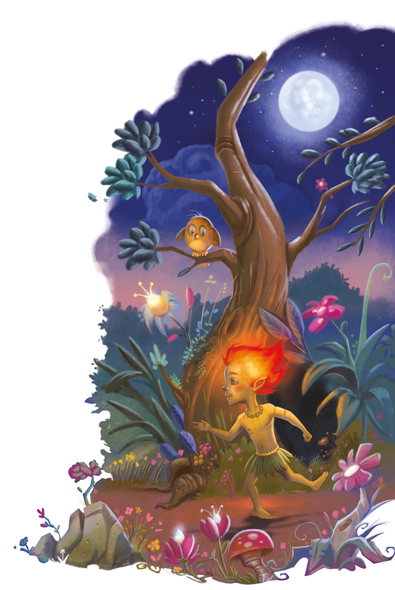 Imagem: Ilustração. Durante a noite, um menino de cabelo em formato de chamas, sem camiseta, saia de folhas e pés voltados para trás do corpo caminha em meio à floresta. No entorno, há muitas flores e folhas, uma árvore onde repousa uma coruja acordada e no céu está a lua cheia.  Fim da imagem.