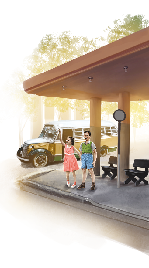 Imagem: Ilustração. Uma menina de vestido e sapatilha e um menino de camisa, colete, shorts e tênis estão em uma parada de ônibus com dois bancos vazios atrás deles. Ao fundo, o ônibus com frente capô, porta aberta e janelas pequenas.  Fim da imagem.