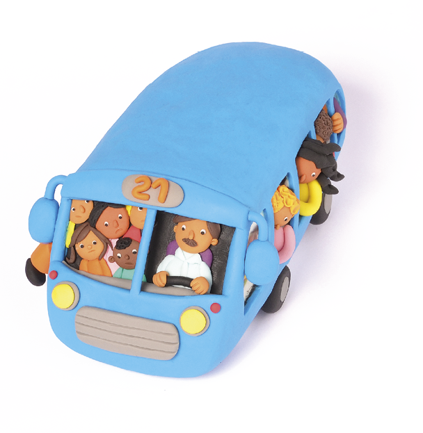 Imagem: Ilustração. Um ônibus azul com identificação “21” e que está cheio de passageiros que se apertam ao lado do motorista e nas janelas laterais.  Fim da imagem.