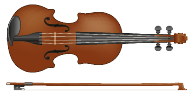 Imagem: Fotografia. Um violino. É pequeno, apresenta corpo de madeira com laterais curvas, um conjunto de cordas ao centro que acompanham o braço e são presas nas afinações na extremidade. Ao lado, está o arco do violino. Fim da imagem.