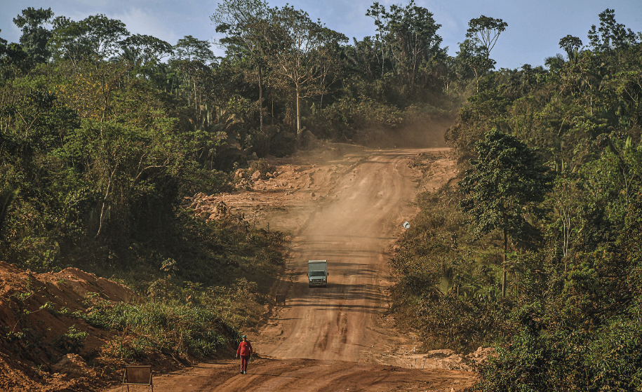 Imagem: Fotografia em plano aberto. Destaque de uma ampla rodovia de terra por onde circula um caminhão e transita um pedestre. Ao redor, muitas árvores.  Fim da imagem.