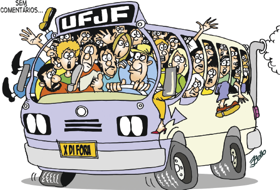 Imagem: Charge. Um ônibus com identificação UFJF está cheio de gente. Algumas pessoas estão com penas e braços para fora do transporte e todos estão com expressões desconfortáveis. Ao lado, a inscrição “Sem comentários...”.  Fim da imagem.