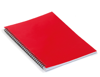 Imagem: Fotografia. Um caderno fino espiralado e de capa vermelha. Fim da imagem.