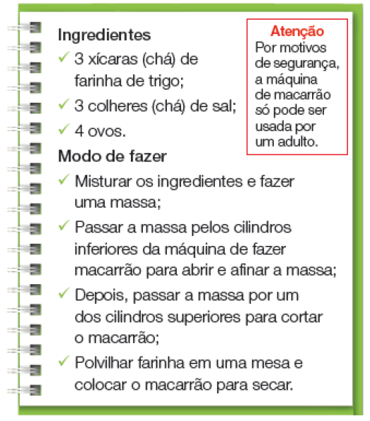 Imagem: Ilustração. Página de um caderno espiralado com borda verde e a seguinte receita: “Ingredientes: 3 xícaras (chá) de farinha de trigo; 3 colheres (chá) de sal; 4 ovos. Modo de fazer: Misturar os ingredientes e fazer uma massa; Passar a massa pelos cilindros inferiores da máquina de fazer macarrão para abrir e afinar a massa; Depois, passar a massa por um dos cilindros superiores para cortar o macarrão; Polvilhar farinha em uma mesa e colocar o macarrão para secar. Atenção: Por motivos de segurança, a máquina de macarrão só pode ser usada por um adulto.”.  Fim da imagem.