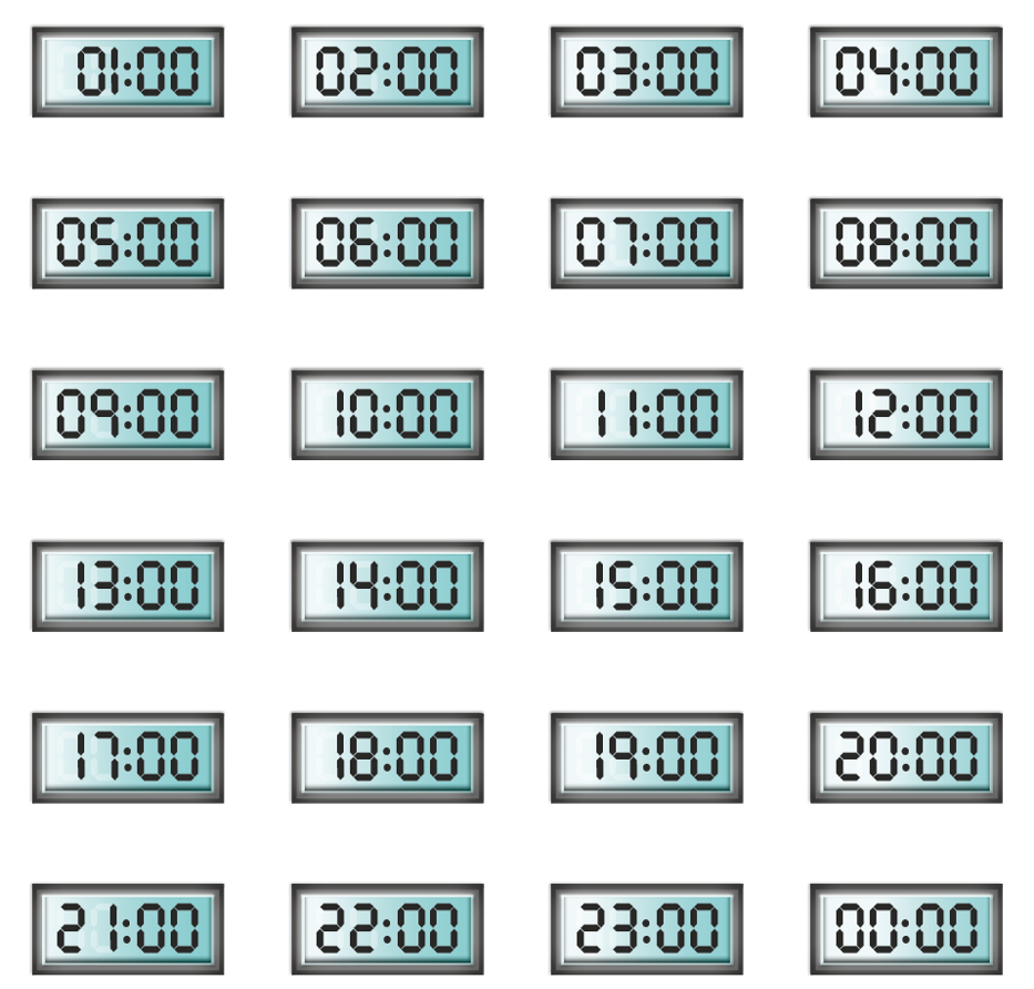 Imagem: Ilustração. Visor de 24 relógios digitais que marcam o intervalo do tempo de uma em uma hora, começando em 01:00, depois 02:00, 03:00, 04:00, 05:00, 06:00, 07:00, 08:00. 09:00, 10:00, 11:00, 12:00, 13:00, 14:00, 15:00, 16:00, 17:00, 18:00, 19:00, 20:00, 21:00, 22:00, 23:00 e 00:00.  Fim da imagem.