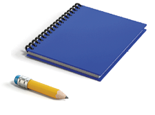 Imagem: Ilustração. Um caderno azul espiralado ao lado de um toco de lápis de escrever com borracha.  Fim da imagem.