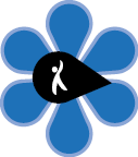 Imagem: Ilustração de uma flor com seis pétalas azuis e um miolo preto em formato de gota, onde há a silhueta em branco de uma pessoa com o braço levantado. Fim da imagem.