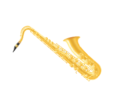 Imagem: Fotografia. Um saxofone. Apresenta corpo metálico dourado, com aspecto tubular curvo, boquilha achatada em uma extremidade e campânula na outra.  Fim da imagem.