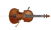 Imagem: Fotografia. Um violoncelo. É grande, apresenta corpo de madeira com laterais curvas, um conjunto de cordas ao centro que acompanham o braço e são presas nas afinações na extremidade. Ao lado, está o arco do violoncelo.  Fim da imagem.