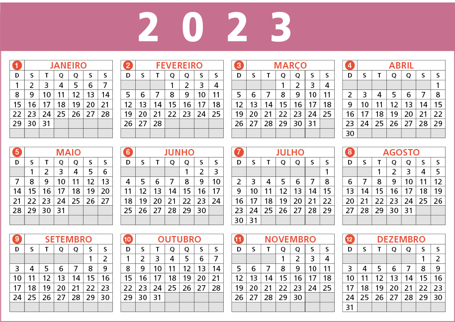 Imagem: Ilustração. Uma folha de calendário referente ao ano de 2023 e composto por doze meses. O primeiro mês é janeiro, começa com o dia primeiro em um domingo e termina no dia 31, uma terça-feira. O segundo mês é fevereiro, que começa em uma quarta-feira e termina no dia 28, uma terça. O terceiro mês é março, que começa em uma quarta-feira e termina dia 31, uma sexta. O quarto mês é abril, que começa em um sábado e termina dia 30, um domingo. O quinto mês é maio, que começa em uma segunda-feira e termina dia 31, uma quarta. O sexto mês é junho, que começa em uma quinta-feira e termina dia 30, uma sexta. O sétimo mês é julho, que começa em um sábado e termina dia 31, uma terça. O oitavo mês é agosto, que começa em uma terça-feira e termina dia 31, uma quinta. O nono mês é setembro, que começa em uma sexta-feira e termina dia 30, um sábado. O décimo mês é outubro, que começa em um domingo e termina dia 31, uma terça. O décimo primeiro mês é novembro, que começa em uma quarta-feira e termina dia 30, uma quinta. O último mês, décimo segundo, é dezembro, que começa em uma sexta-feira e termina dia 31, um domingo.  Fim da imagem.