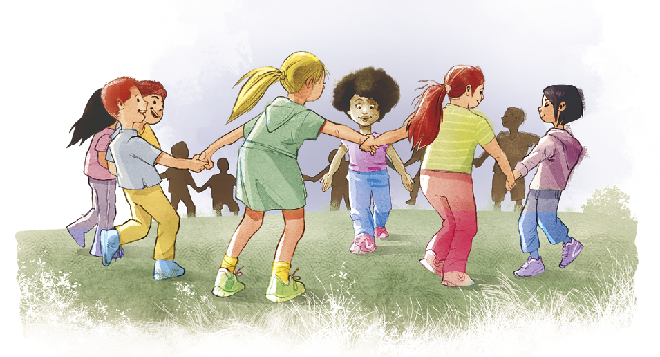 Imagem: Ilustração. Em uma área gramada, crianças se divertem formando uma roda de mãos dadas.  Fim da imagem.