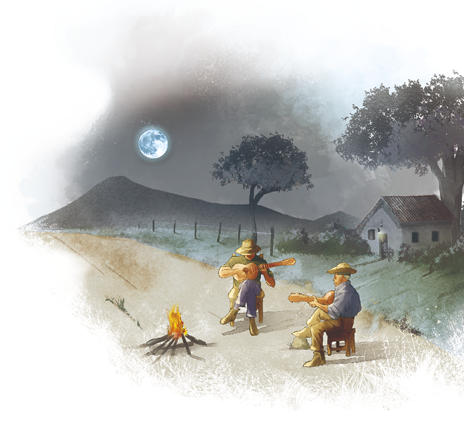 Imagem: Ilustração. Durante à noite, em uma estrada de terra próximo a uma pequena casa, dois senhores sentados em banquetas tocam violão ao redor de uma fogueira.  Fim da imagem.