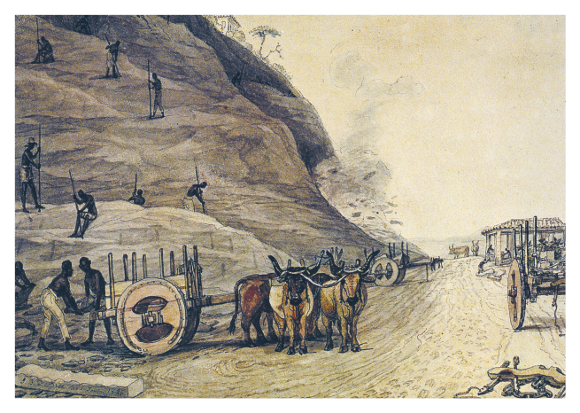 Imagem: Pintura. Uma via de terra com carros de boi diante de um morro de pedra onde estão muitos trabalhadores. No carro, os bois estão amarrados a uma carroceria com grandes rodas de madeira. Fim da imagem.