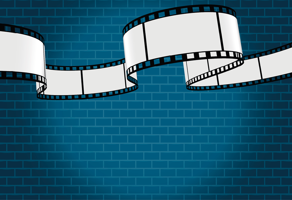 Imagem: Ilustração. Uma parede com tijolos aparentes em tom azul e uma película de filme ondulada que forma uma linha do tempo com indicações de texto e fotografias com bordas ilustradas com luzes. Fim da imagem.