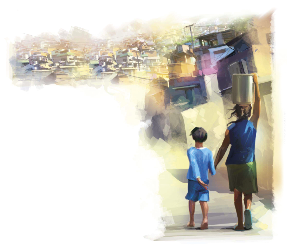 Imagem: Ilustração. Em uma viela, uma mulher de chinelo caminha equilibrando com uma das mãos uma lata sobre a cabeça e está de mão dada com menino descalço ao seu lado. Em seu horizonte, está a favela.  Fim da imagem.