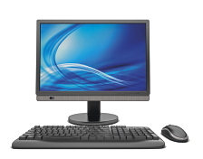 Imagem: Fotografia. Um monitor de computador com um teclado e mouse sem fio.  Fim da imagem.