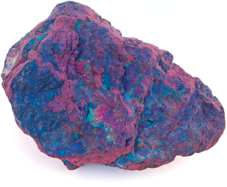 Imagem: Fotografia. Uma pedra com superfície irregular e nas cores roxa e azul. Fim da imagem.