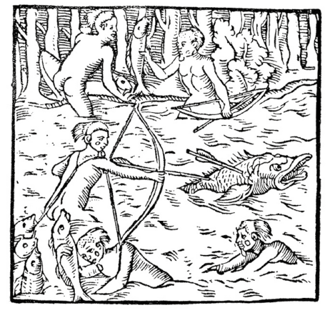 Imagem: Gravura em preto e branco. Destaque de pessoas nuas que pescam com arco e flecha dentro de um rio. Fim da imagem.