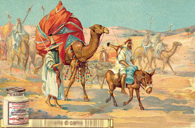 Imagem: Ilustração. No deserto, em primeiro plano, destaque de um homem de chapéu, barba longa, bata comprida e descalço que caminha ao lado de um camelo que carrega uma carga grande presa às costas. Ao lado, um rapaz de barba, que usa bata, também descalço e com chapéu nas costas está sobre as costas de um burro. Ao fundo, outros homens com vestes semelhantes sobre camelos e com lanças. No canto inferior esquerdo, há um frasco com rótulo com inscrições.  Fim da imagem.