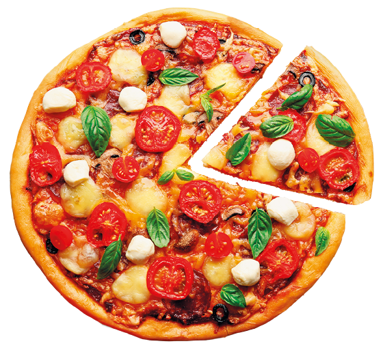 Imagem: Fotografia. Uma pizza assada com um pedaço cortado e feita com ingredientes como manjericão, tomate e queijo. Fim da imagem.